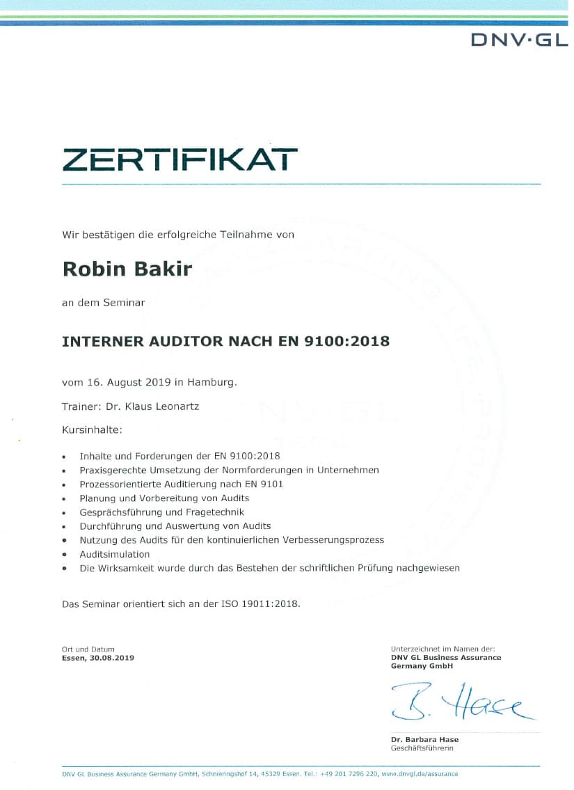 DNV GL Zertifikat Interner Auditor EN 9100:2018 - Luft- und Raumfahrt