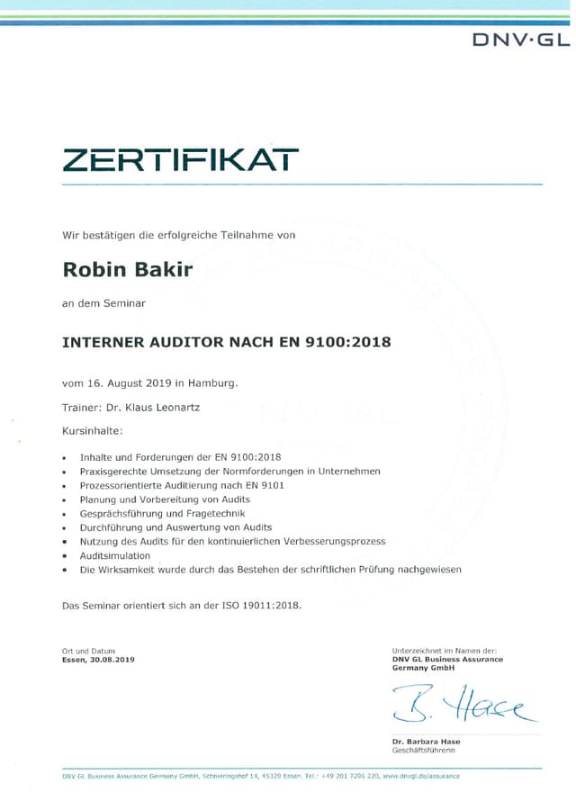 DNV GL Zertifikat Interner Auditor EN 9100:2018 - Luft- und Raumfahrt