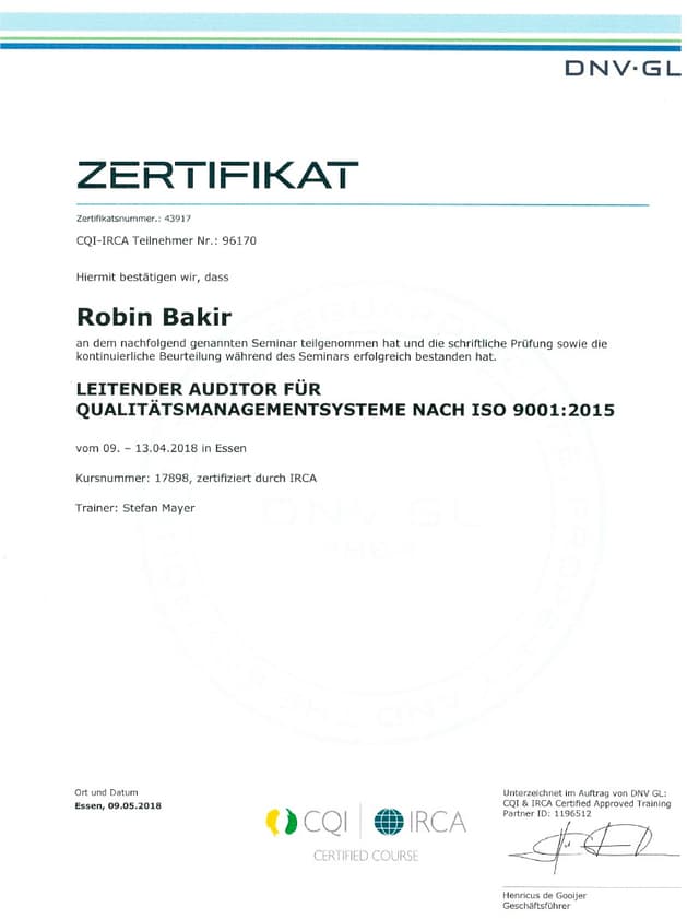 DNV GL Zertifikat Lead Auditor ISO 9001:2015 Qualitätsmanagement