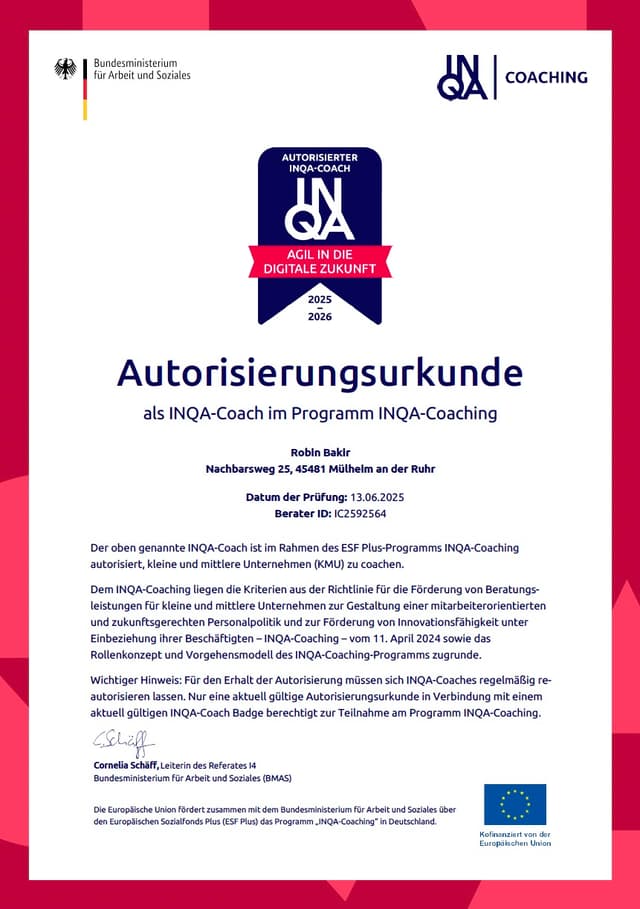 INQA-Coach Autorisierungsurkunde 2025-2026 vom Bundesministerium für Arbeit und Soziales