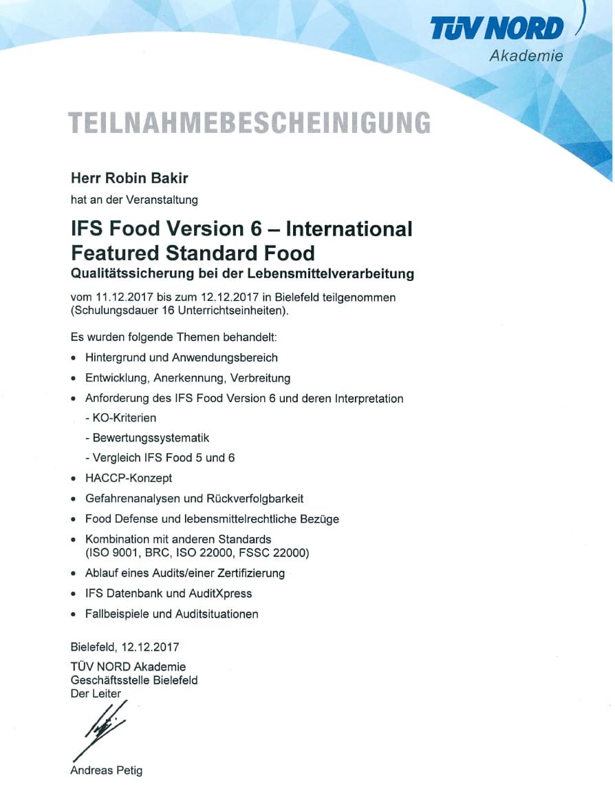 TUV NORD Zertifikat IFS Food Version 6 - Qualitätssicherung Lebensmittelverarbeitung