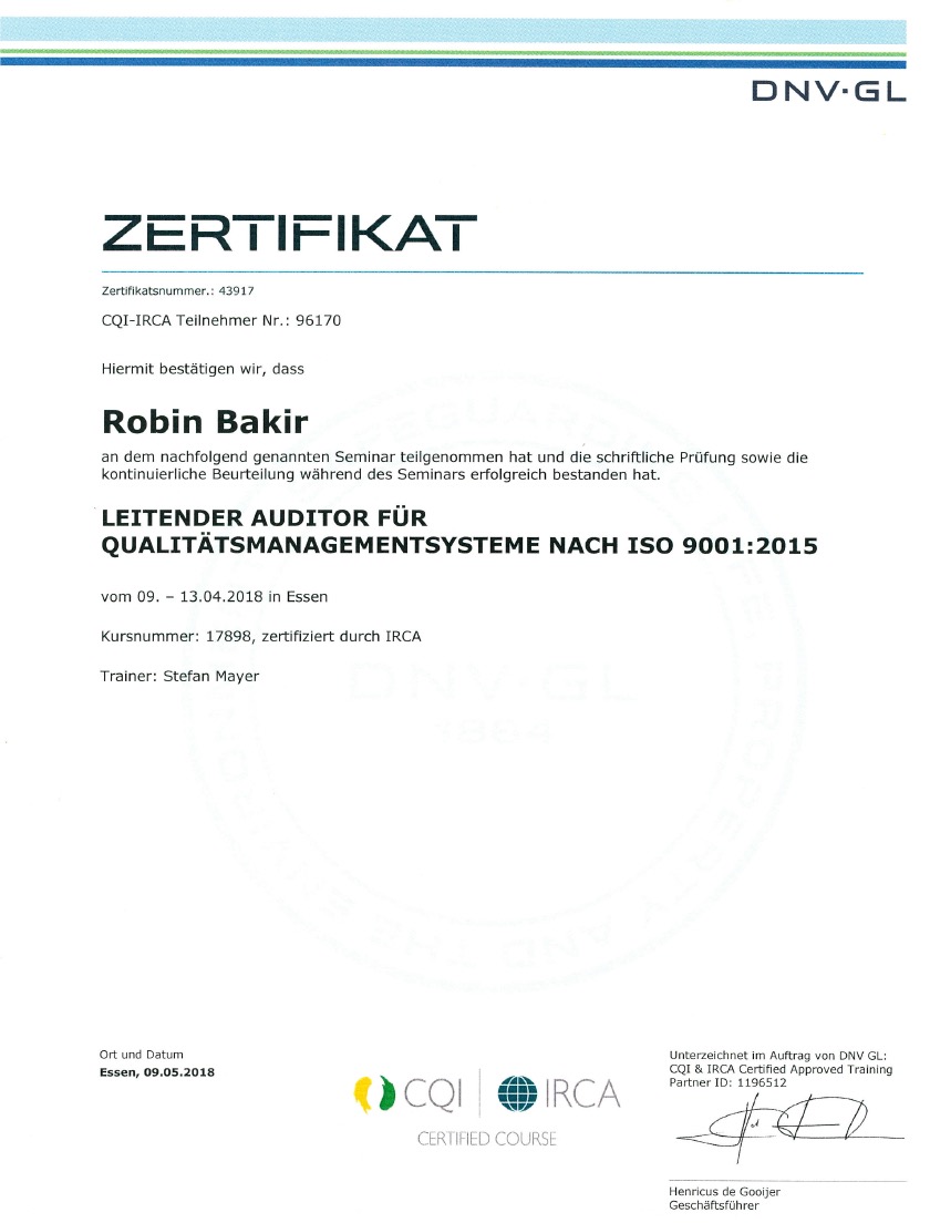 DNV GL Zertifikat Lead Auditor ISO 9001:2015 Qualitätsmanagement - CQI IRCA zertifiziert